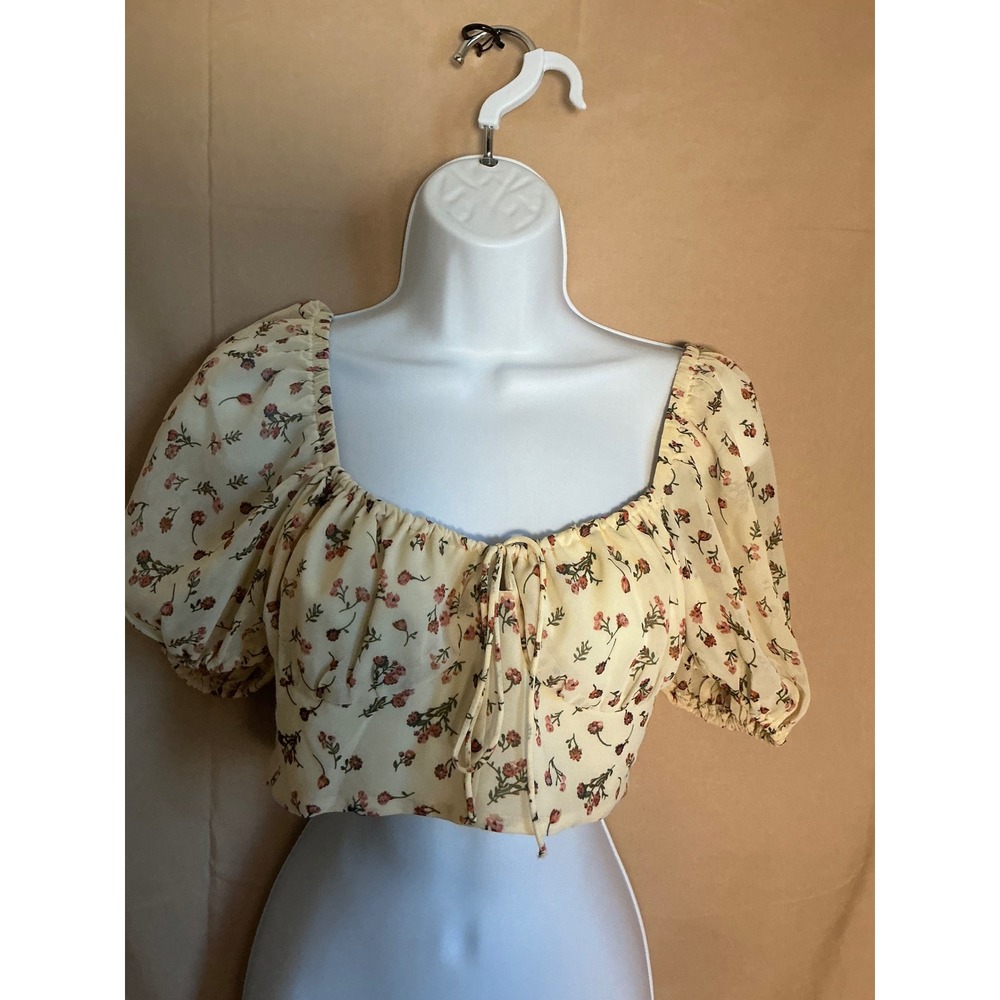 Sabo Skirt Crop Top Womens Small Cream Floral Excellent Puff Sleeve Milkmaid